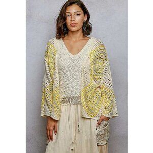 POL Open Front Crochet Cardigan with Granny Square Pattern, S,L,M.
